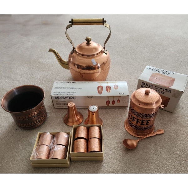 Copper Decor: Teapot 10 T, Pot 4.5" Top, 3.5 T, Recipe Box, Coffee Tin, Napkin Rings and More!
