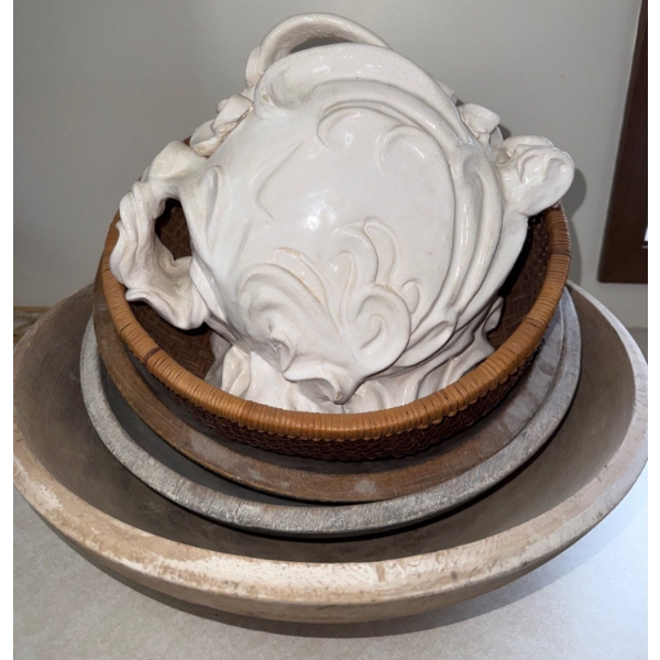 Wood Pottery Mixing Bowls & Cookie Jar