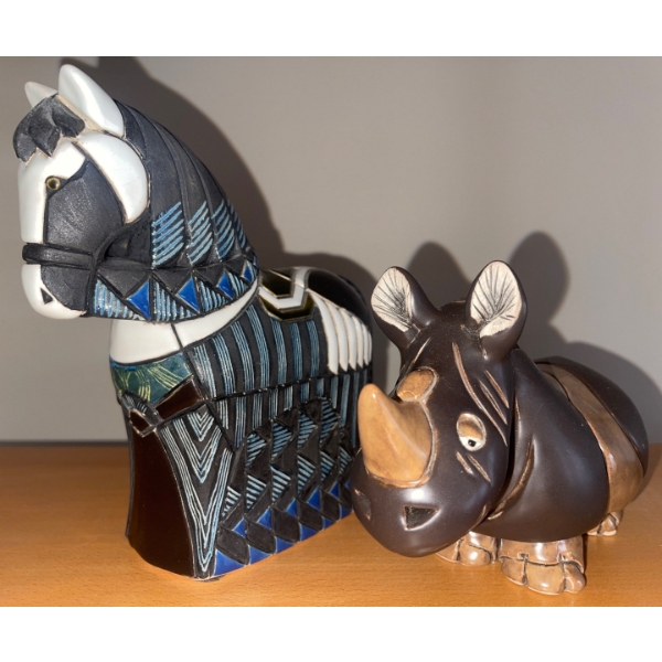 Ceramic Sculpture of Artesania Rinconada Large Horse  10"tall & A Rhinoceros Sculpture/Statue 5" tal