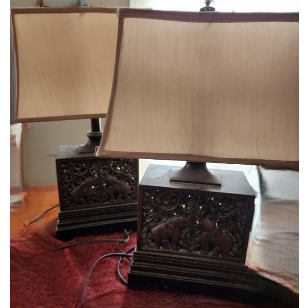 Pair of Elephant Motif Lamps w/ Shades 14 W, 9 D, 22 T to Finial 