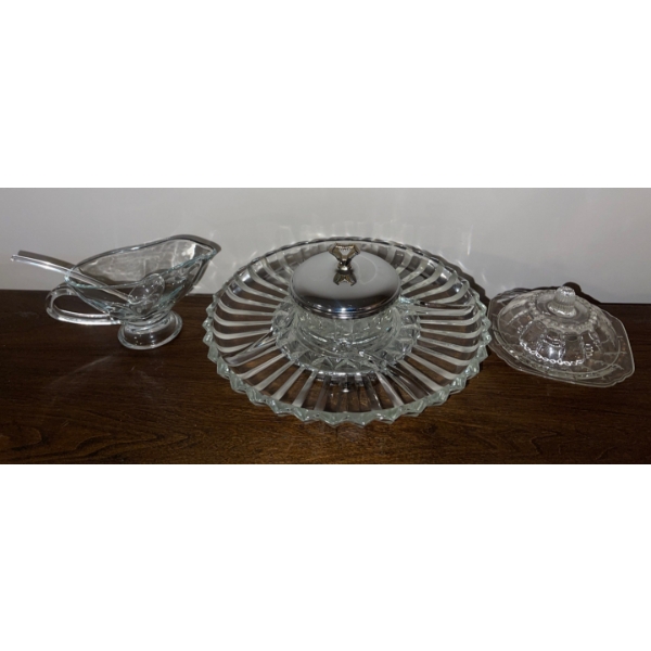 Elegant Crystal Serving Ware - Gravy Boat Butter Keep & Party Platter 14W