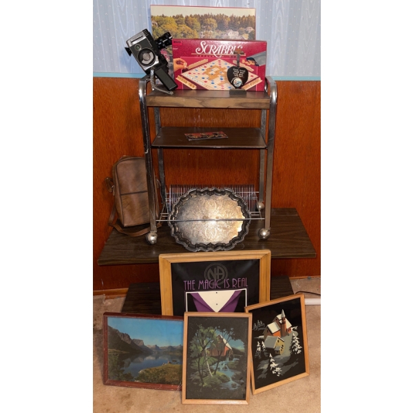 Collectible Rolling Cart w/ Wall Hangings, Board Games & One Ticket Home!