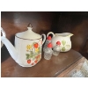Image 2 : Vintage Japanese Speckled Stoneware Teapot Wild Strawberry Pattern, matching salt and pepper plus 2 