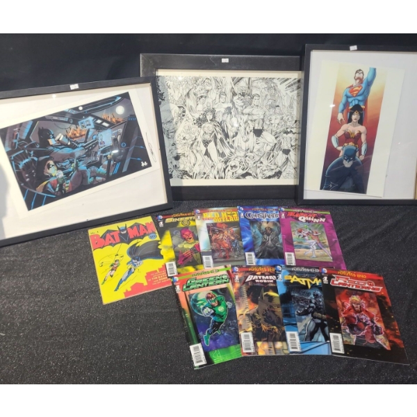 Selection of Comics, Metal Batman No.1 Sign 7.5 x 11, Framed: Art 23 X 19 and Prints 20.5 x 16.5