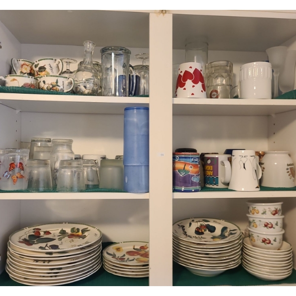 Contents of Cupboard: Dinnerware, Mugs, Cups