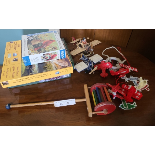Vintage Scrabble Boards, 4 x 1000 Piece Puzzles, Rolling Wheel w Bell Toy, Hanging Airplane Decor