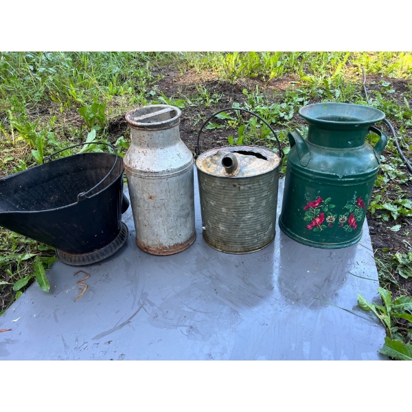 Antique milk jugs watering can and ash bucket