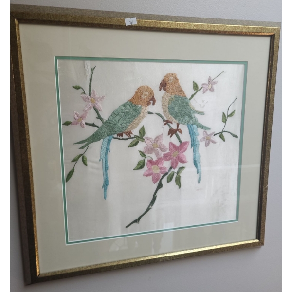 Framed Fine Stitching of Parrots on Silk 22 X 21
