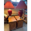 Image 1 : A set of Oak wooden side tables and two retro burgundy lamps