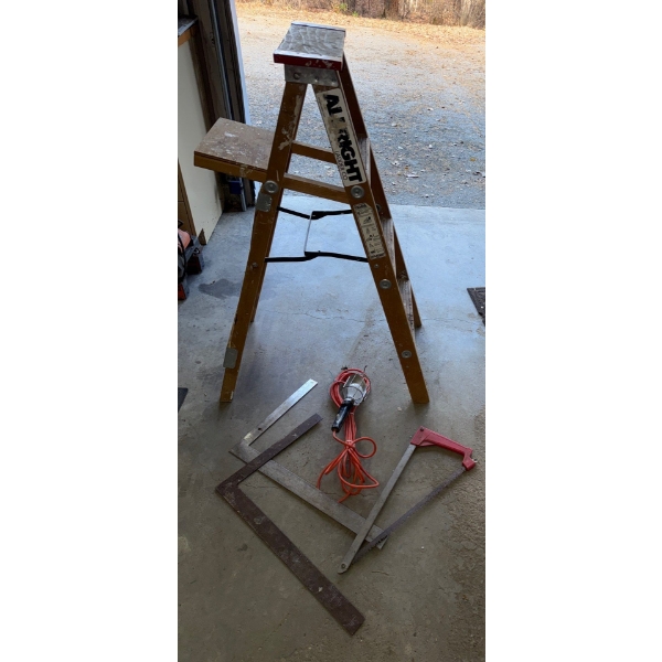 3ft Wooden Ladder, Shop Light w/ Extention Cord, Squares & A Hand Saw