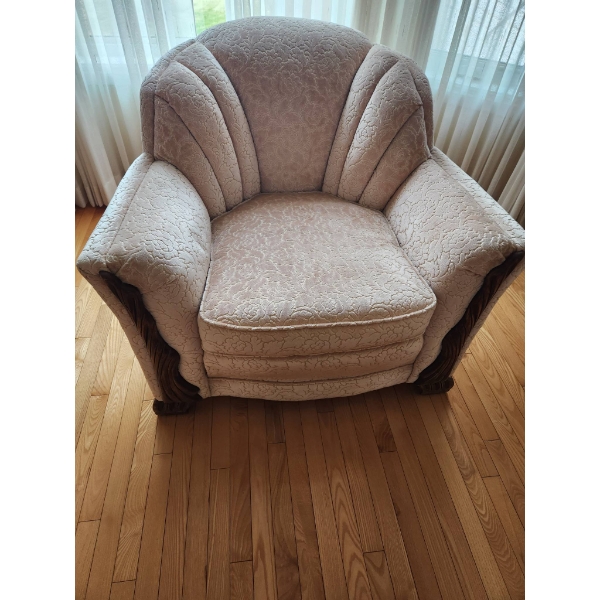 Vintage Upholstered Armchair With Rose-Embossed Pattern and Wooden Detailing