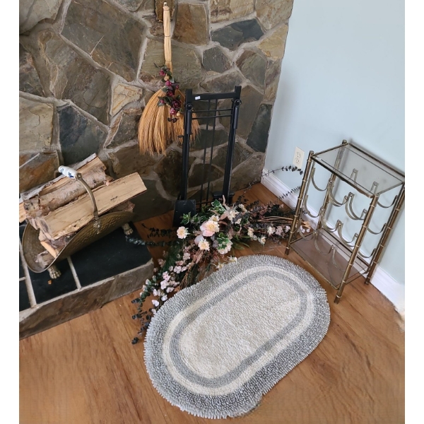 Brass and Glass Wine Rack 13.5 W, 10 D, 24 T, Fireplace Tools, Rug, Artificial Floral Decor 