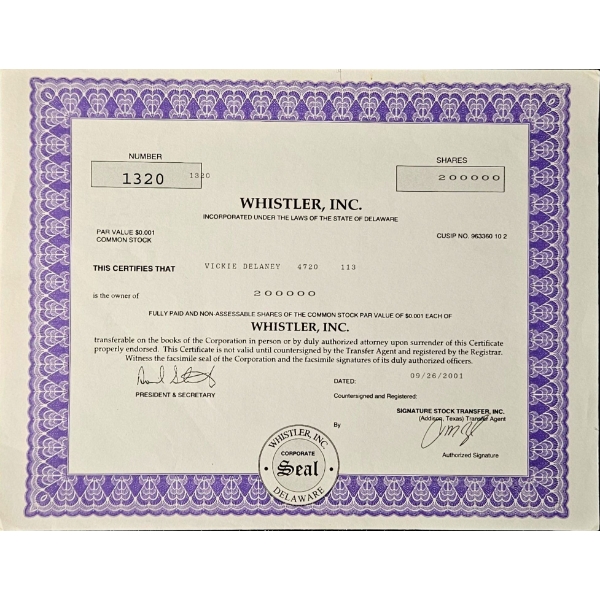 Vintage Stock Certificate (2001, Whistler Inc.)