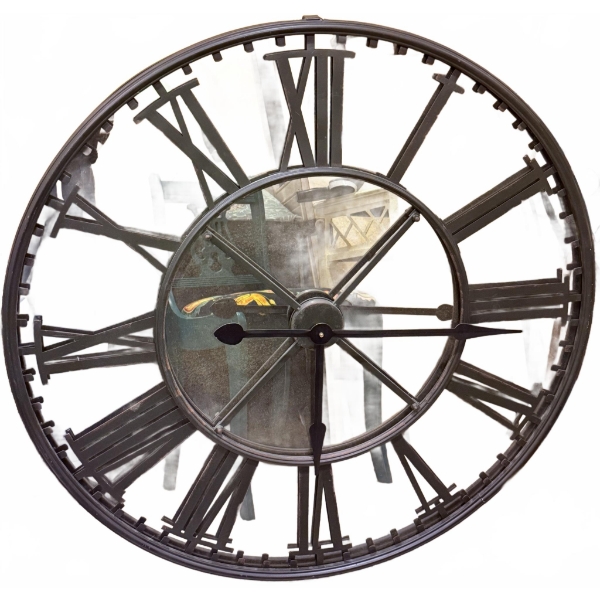 Large Round Wall Clock with Roman Numerals, Metal Frame