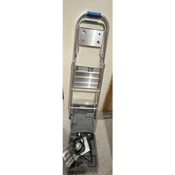 Ryobi 3/8 In Corded Drill in Box, Reynolds Grade 3 Aluminum Step Ladder   