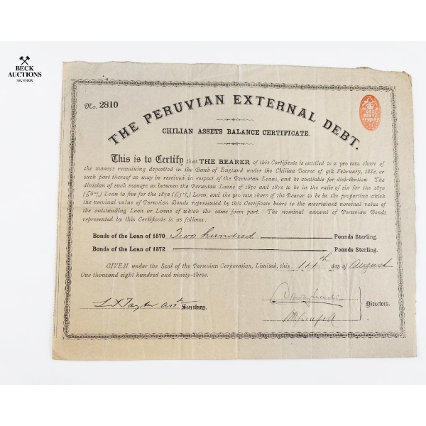 Peruvian External Debt Chilean Assets Balance Certificate from 1893, Rare Collectible Document.