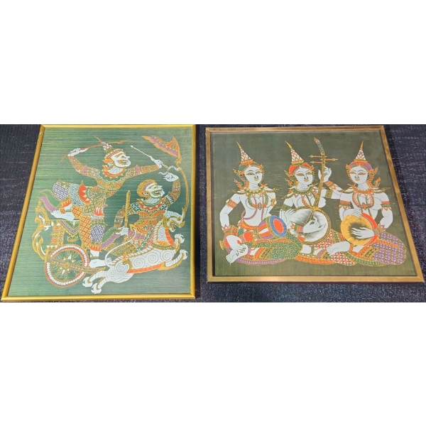 Framed Vintage Thai Mythological Art, On Silk -19 x 17