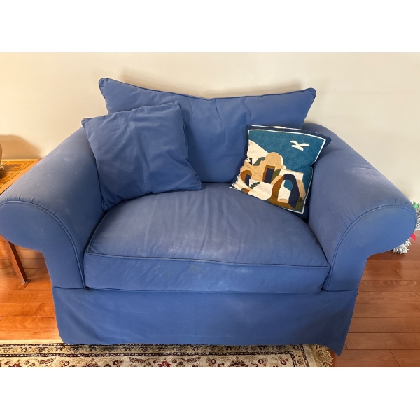 Blue Upholstered Armchair with Rolled Arms and Removable Cushions