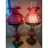 Image 2 : Cranberry Glass Table Lamps with Crystal Prisms and Ornate Metal Bases