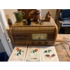 Image 1 : Vintage radio with indigenous art collection of antique razors into vintage porcelain mugs