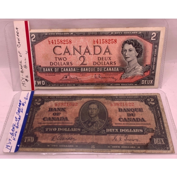 1937 Canadian 2 Dollar Bank Note SN L/B 3921622 & 1954 Canadian 2 Dollar Note SN L/G 4158258 