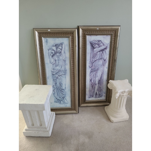 Framed Prints on Panels 20 X 44 and Plaster Stands 12 X 12, 20 T  and 10 X 10, 19.5 T
