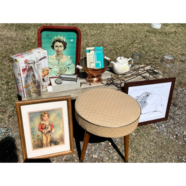Assortment of vintage cookie presses, copper Strander, tea, pot, assorted glass jars with glass lids
