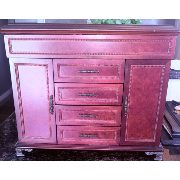 Large Wooden Jewelry Box with Velvet-Lined Interior and Mirror