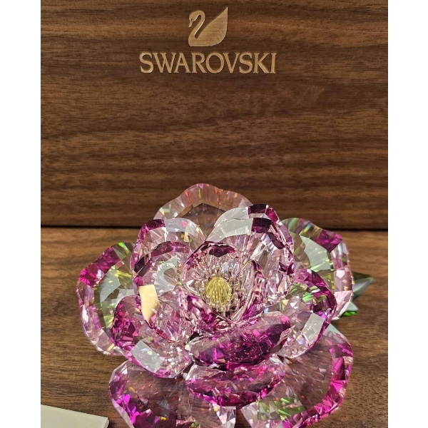 Swarovski Crystal Pink Flower Figurine with Green Leaves