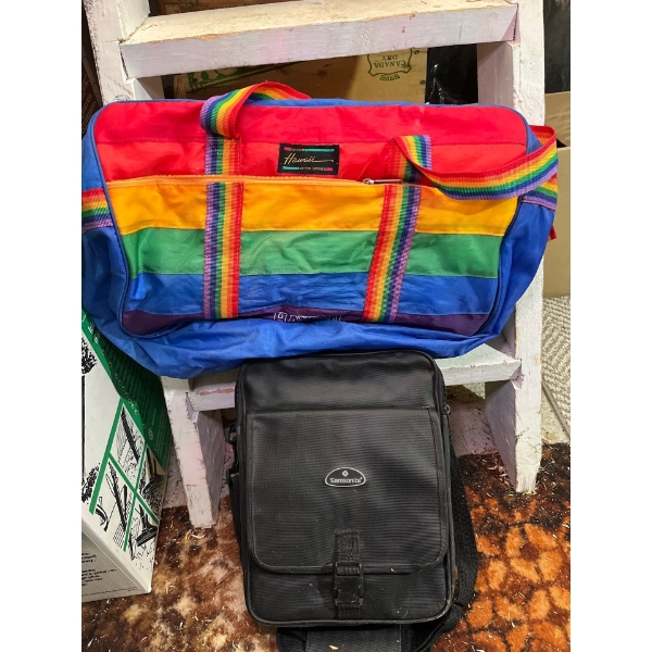 assortment of bags. Sweet retro rainbow bag, samsonite extendable bag