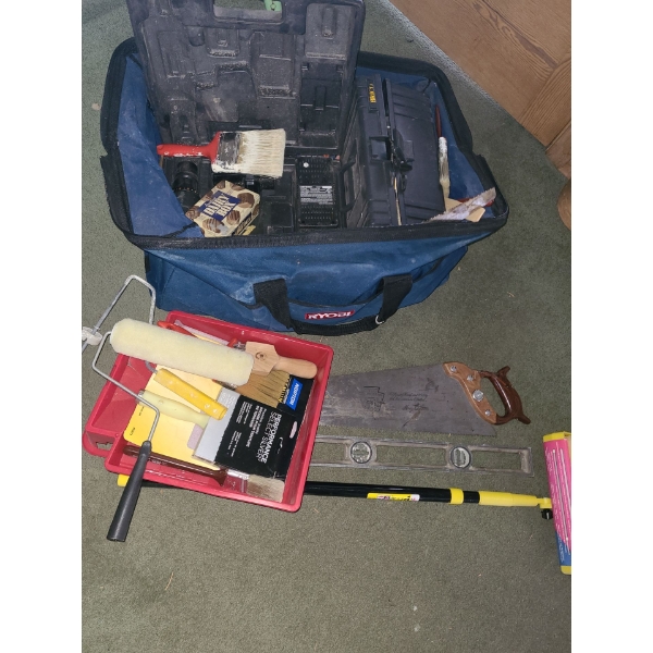 Toolbag with Craftsman Cordless Drill Driver Model 973.22489, Saws, Paint Rollers, Level and More!