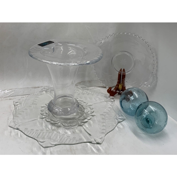 Hughes Cornflower Open Handled Serving Plate, Crystal Cake Plate, Vase & Antique Fishing Floats 