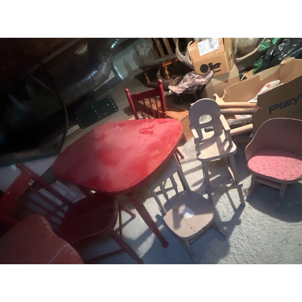  handcrafted, toddler tables, one red table, legs collapse to make flat other red table 2 small chai