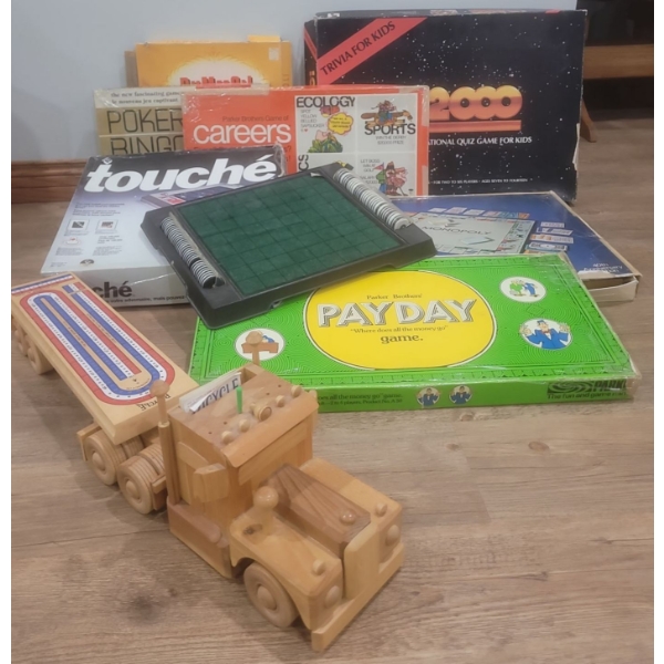 Blast from the Past Collection of Board Games w/ Neat Custom Made Truck Crib Board