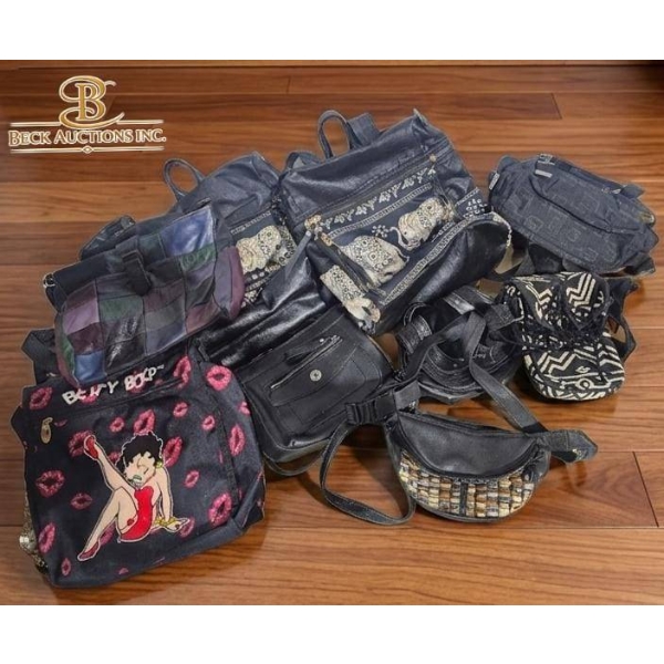 Nine Assorted Fashion Bags Including Backpacks and Crossbody Styles