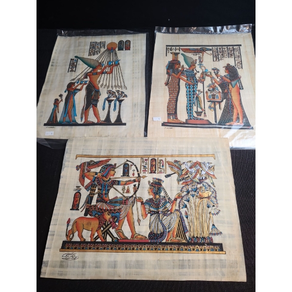 Reproduction Egyptian Papyrus Paintings: Two 17 X 25 and 25 X 17