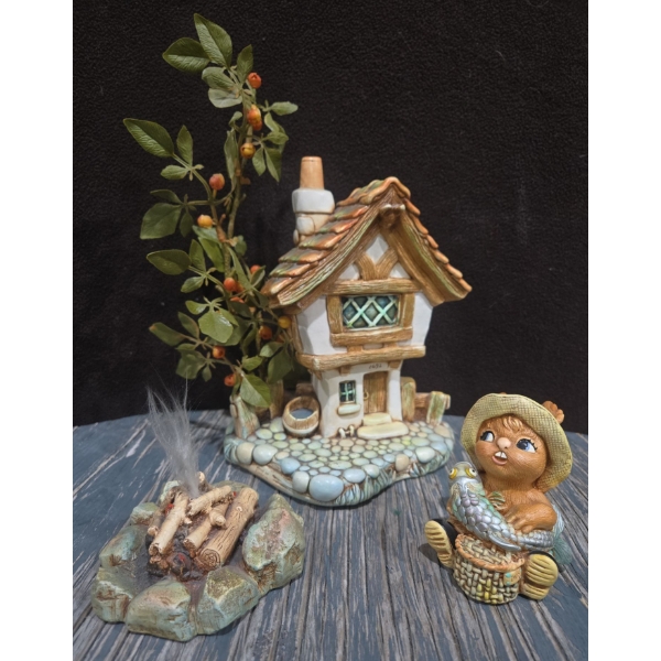 Pendelfin 8"T Cobble Cottage No.952,664 + Fishing Rabbit + Fire Pit