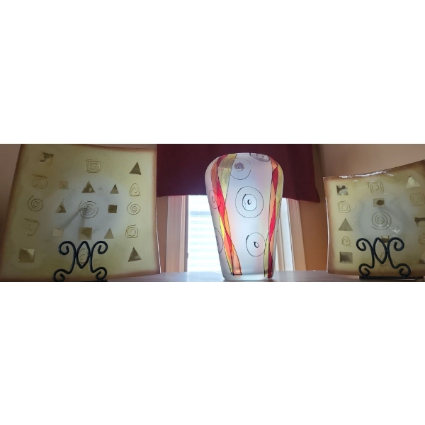 Beautiful Decorarive Italian Glass Plates w Holders and Vase.  Lg Plate 13 1/2 w 13 1/2 h
