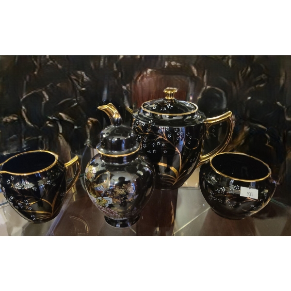 Oriental Motif Tea Set with Painted Designs- Includes: Teapot 7 T, Tea Urn, Cream and Sugar