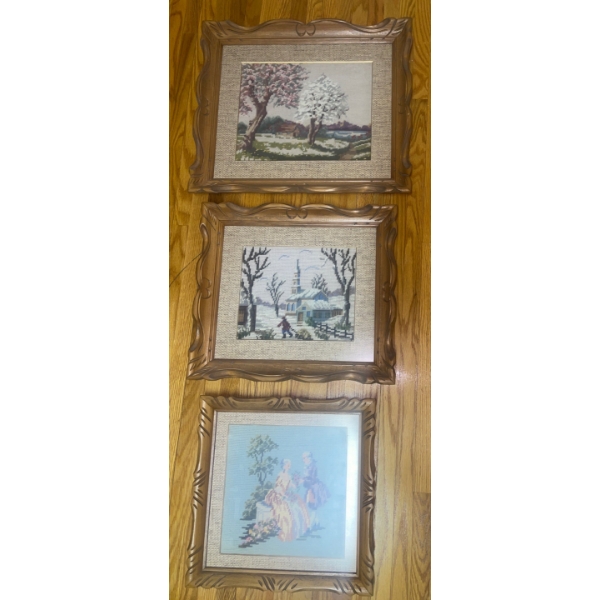 Three Handmade Needle Point Framed Art  16"x 21"tall