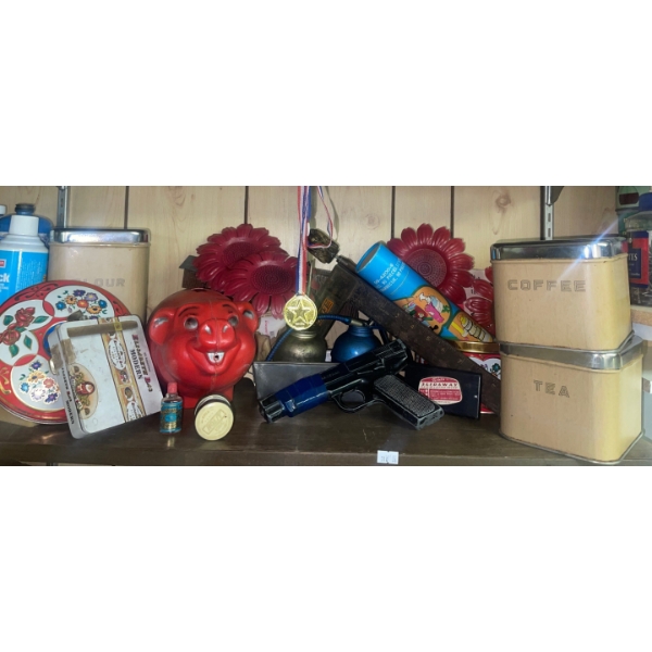 Assorted Antique Collectables BB Gun Piggy Bank Decorative Tin & More