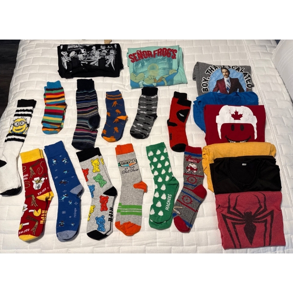 Assorted Graphic T's & Collectible Socks