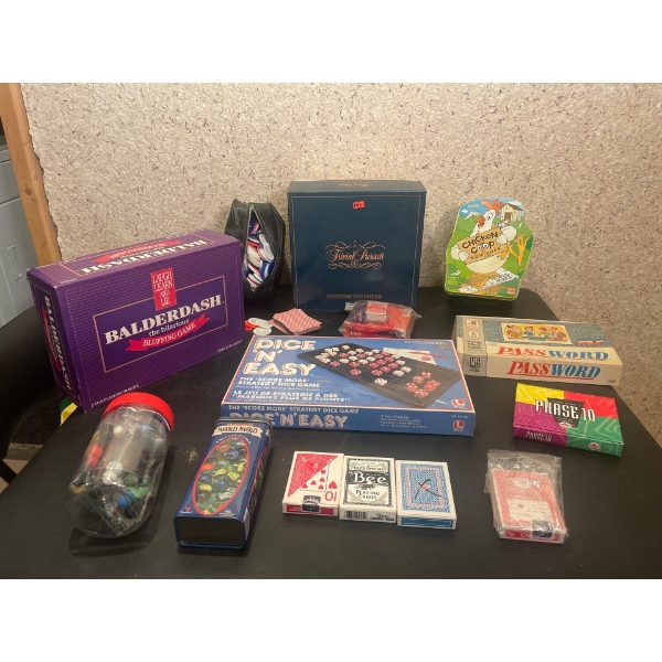 Collection of Vintage Games, Trivial Pursuit, Chicken Coop, Balderdash, Poker Chips, Card Decks, Pas