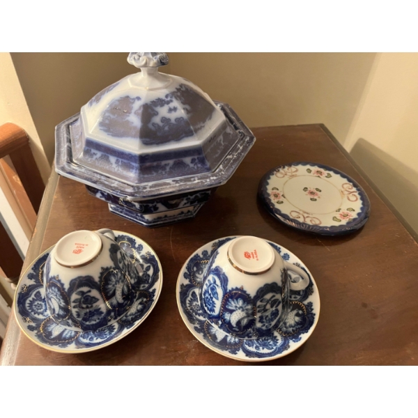  A set of Russian vintage tea cup, and saucer, blue and white ornate serving dish and small plate