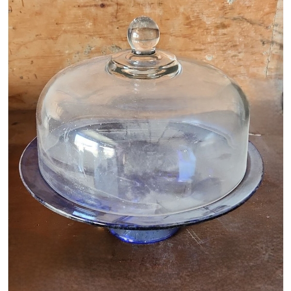 Glass Cake Stand, Blue Base 13" Diameter and Clear Dome