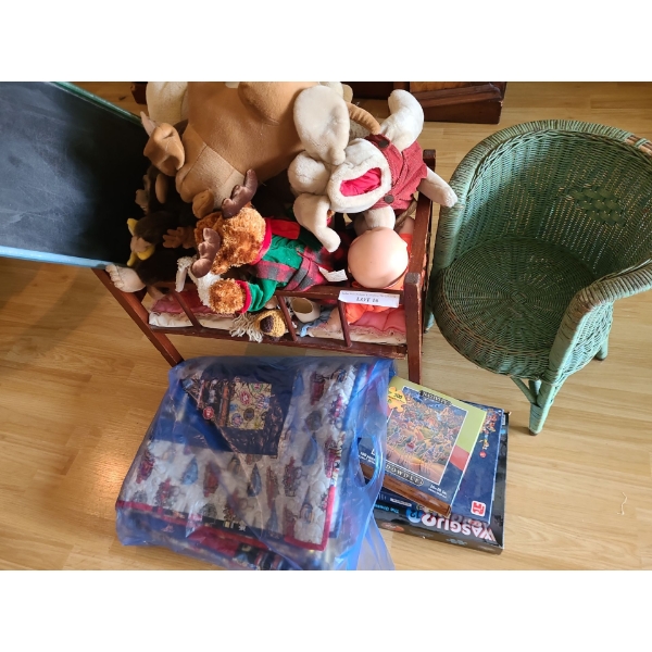 Wooden Doll Crib 24 w, 13 1/2 l, 18 h.  Incl Stuffed Animals, Puzzles, Mini Wicker Chair