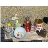 Image 2 : Oil lamp, glass cookie jar (has chip)Nabob coffee glass jar, Roger syrup, tin two enamel flower bowl