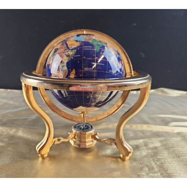 Semi Precious Abalone Tabletop World Globe with Brass Stand and Compass 10' Tall