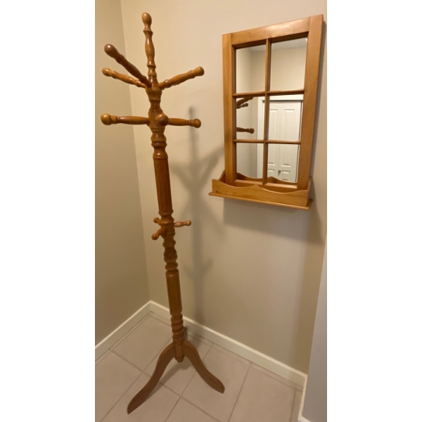Oak Entry Way Decor - Coat Tree w/ Rustic Window Frame Mirror / Shelf 18x30