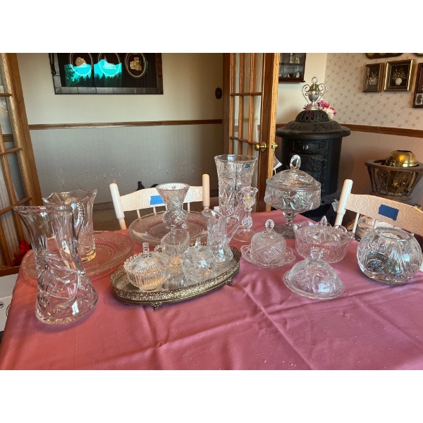 large collection of various crystal pieces, pinwheel, including certain plates, candy dishes, vases,